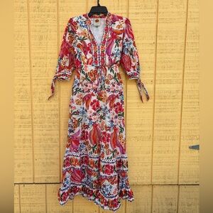 FARM Rio Pink Floral V-Neck Maxi Dress with Tie Sleeves